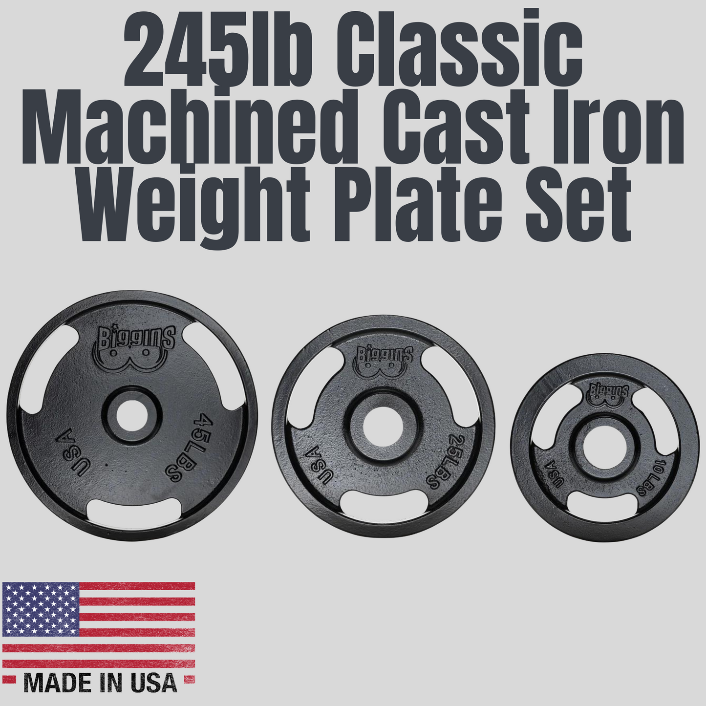 245lb Classic Machined Cast Iron Weight Plate Set Biggins Iron Product Pic Made In USA