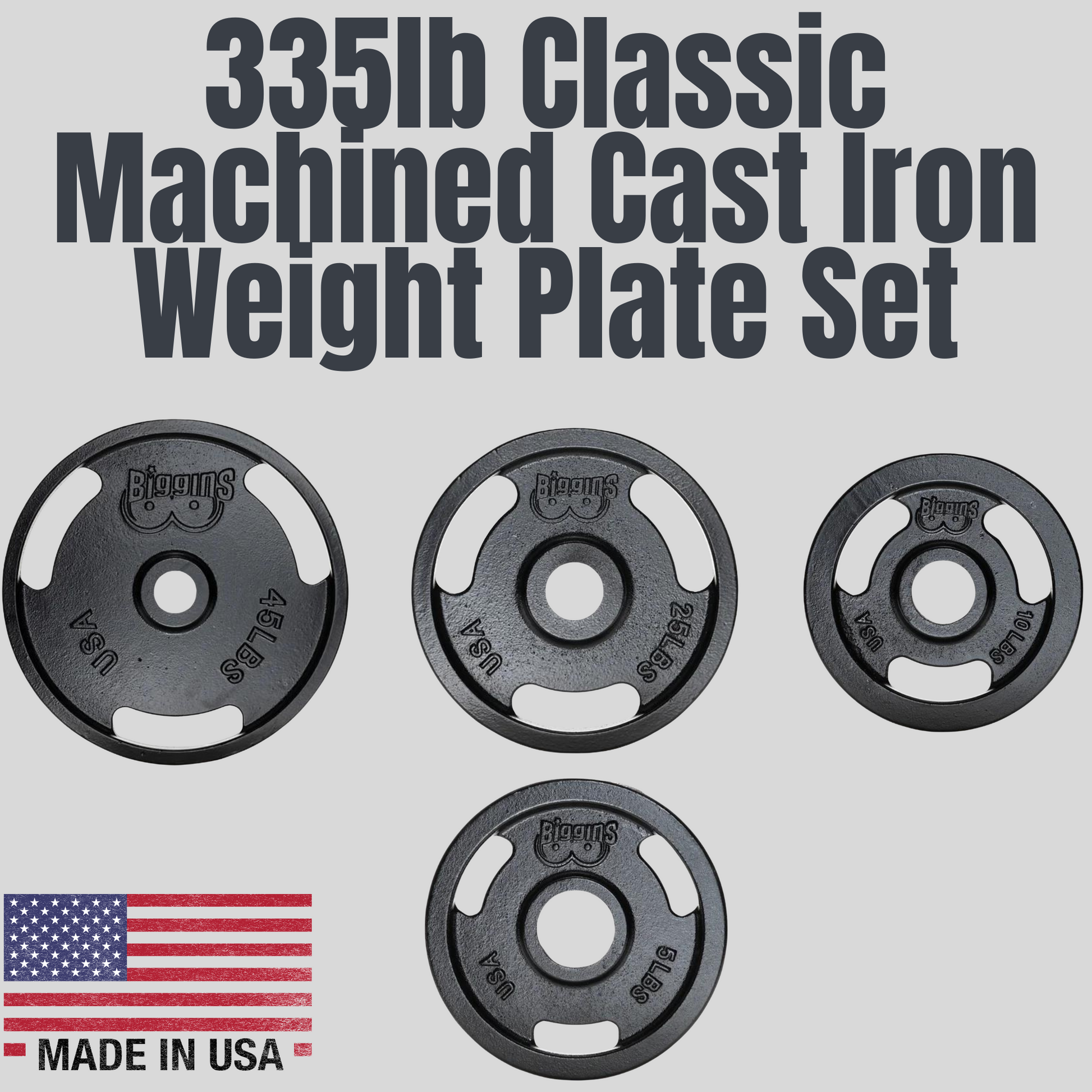 335lb Classic Machined Cast Iron Weight Plate Set Biggins Iron Product Pic Made In USA