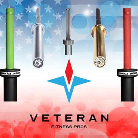 5 Barbell Styles Centered Around VFP Logo With USA Flag Style Background. Links To Barbells collection page.