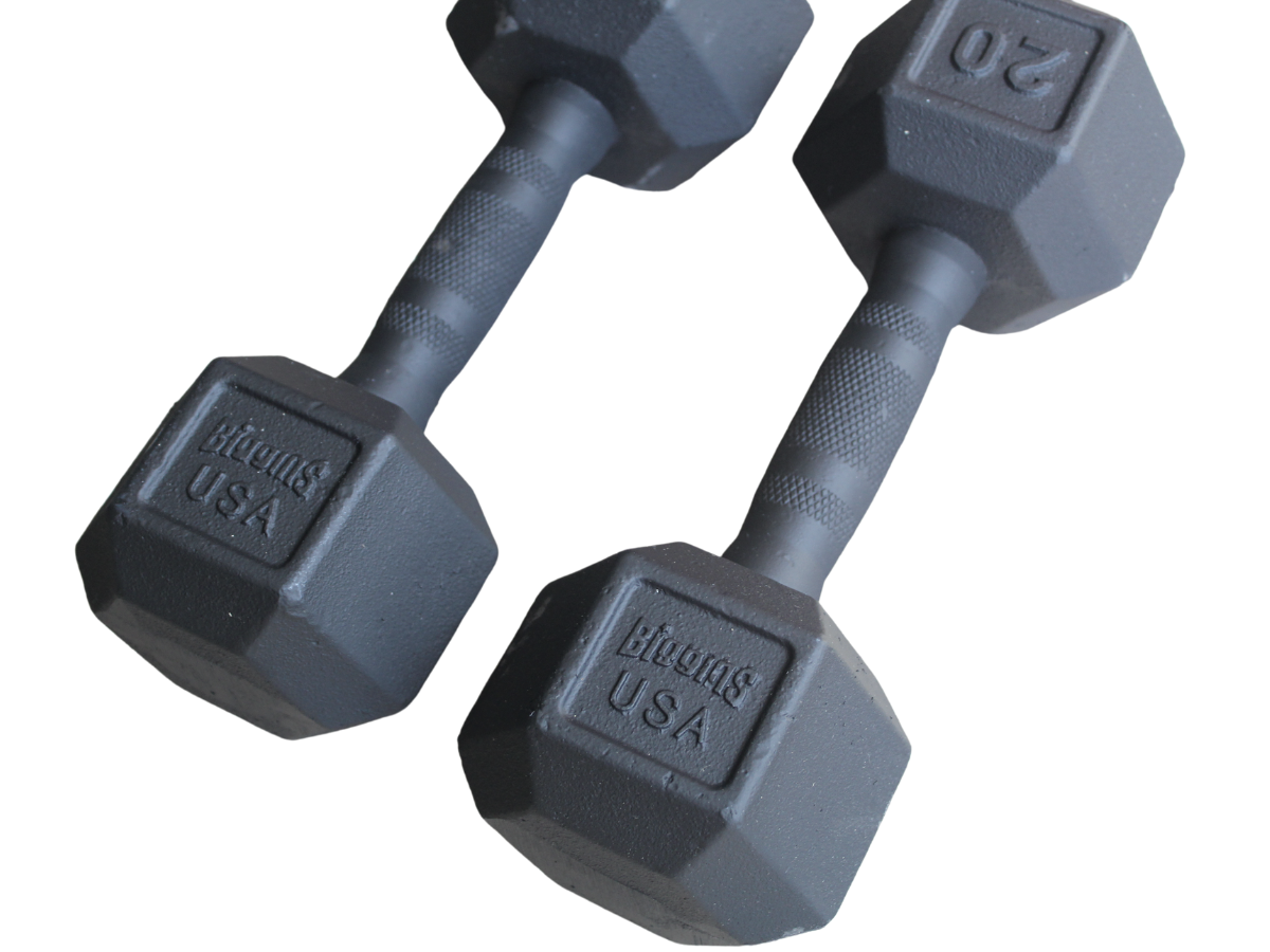 Elite Cast Iron Dumbbells Close Up On Page Product Picture