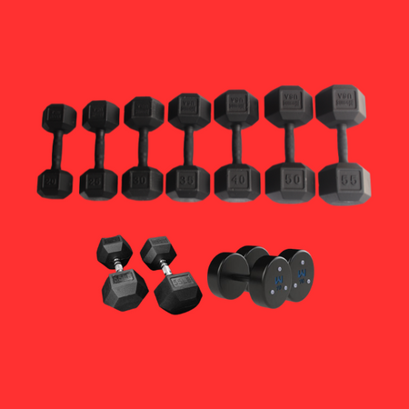 Several Dumbbell Styles Laid Out On Red Background Dumbbells Home Page Collection Image Cast Iron Precision Steel
