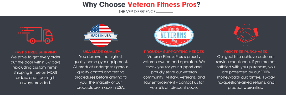 Why Choose Veteran Fitness Pros - Free shipping, USA made quality, Proudly supporting veterans, 15 Day returns.