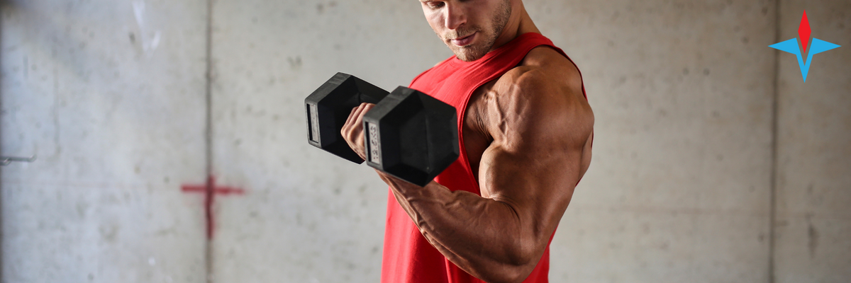 Picture Of Male Model Curling Rubber Hex Dumbbells On Veteran Fitness Pros Dumbbells Collection Page Desktop Image