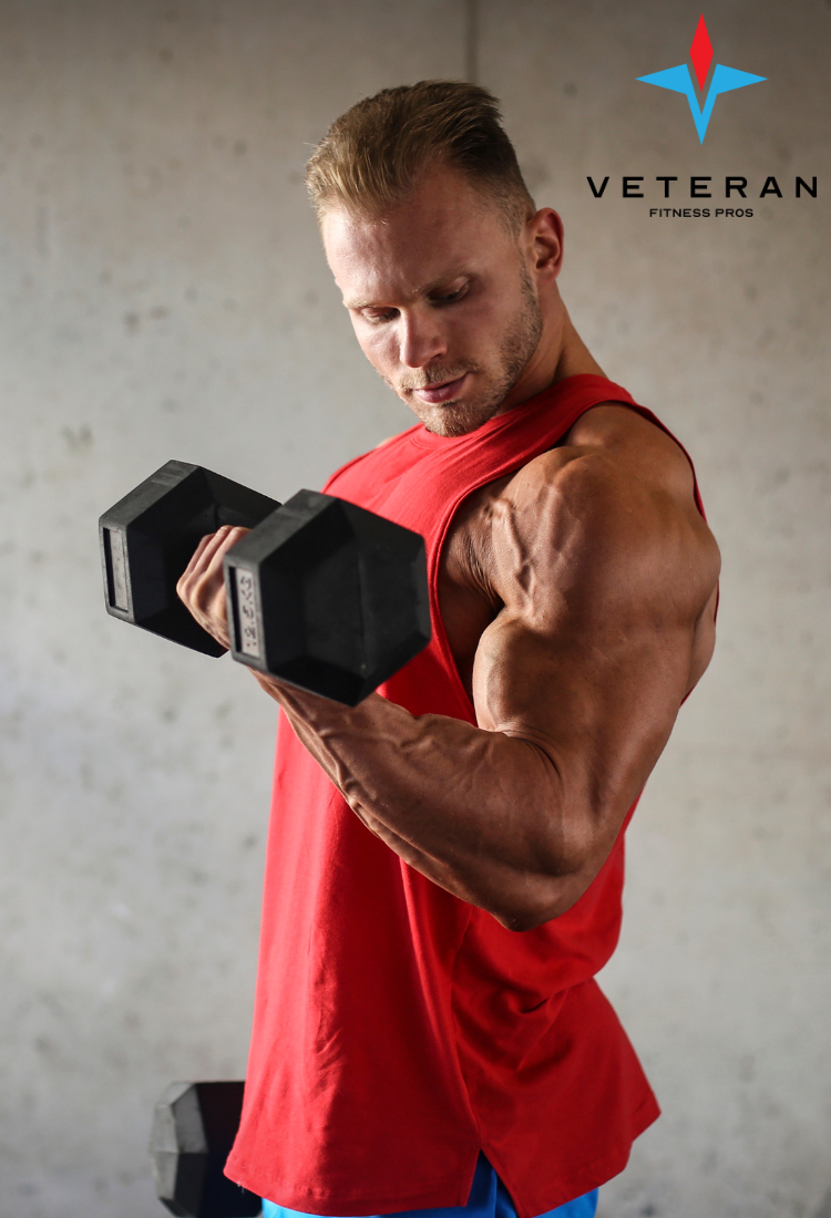 Picture Of Male Model Curling Rubber Hex Dumbbells On Veteran Fitness Pros Dumbbells Collection Page Mobile Image